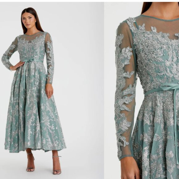 MAC DUGGAL 20337 EMEBELLISHED BOW BELT ILLUSIONS LONG SLEEVE A-LINE JADE RESS 6 - Picture 5 of 6